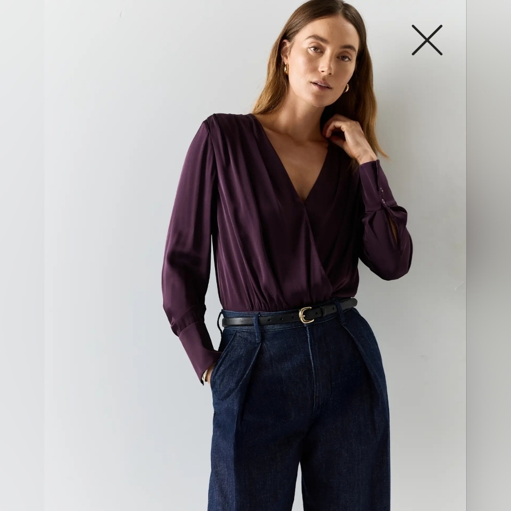 NWT! Quince Washable Stretch Silk Surplice Sleeved Purple Bodysuit! Sz. S (H54) - Picture 4 of 11